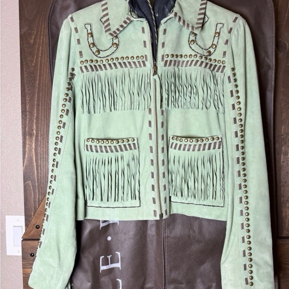 Double D Ranch Mint Suede Jacket with Fringe and Studs - Picture 1 of 15